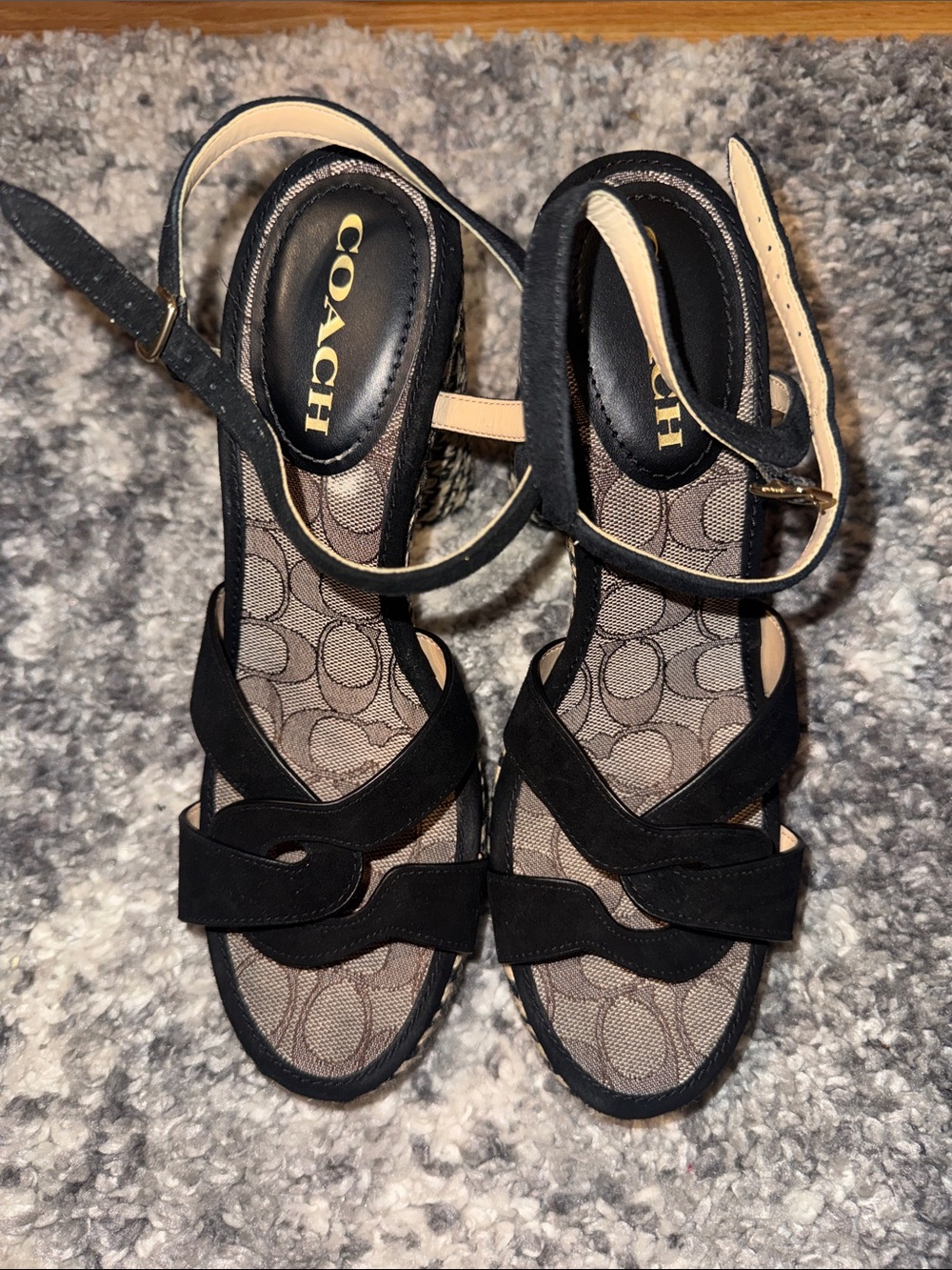 Coach Black Suede Signature Logo Ankle-Strap Heels